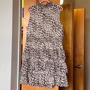 Express Leopard Tiered Sleeveless Smocked Mock Neck Dress